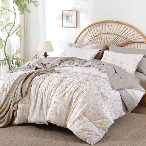 Yiran Grey Floral Comforter Set Queen Size, 7 Piece Cute Watercolour Comforter Bedding Set, Bed in a Bag Queen, Soft Microfiber Complete Bedding Set with Sheets for All Season