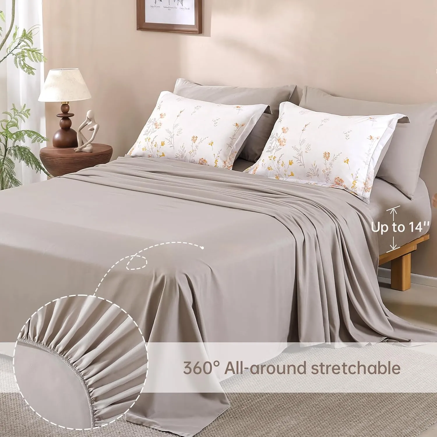 Yiran Grey Floral Comforter Set Queen Size, 7 Piece Cute Watercolour Comforter Bedding Set, Bed in a Bag Queen, Soft Microfiber Complete Bedding Set with Sheets for All Season