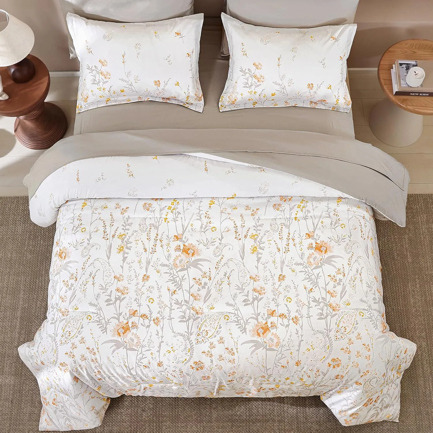 Yiran Grey Floral Comforter Set Queen Size, 7 Piece Cute Watercolour Comforter Bedding Set, Bed in a Bag Queen, Soft Microfiber Complete Bedding Set with Sheets for All Season