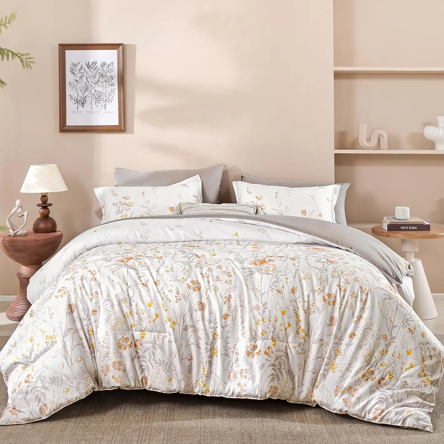 Yiran Grey Floral Comforter Set Queen Size, 7 Piece Cute Watercolour Comforter Bedding Set, Bed in a Bag Queen, Soft Microfiber Complete Bedding Set with Sheets for All Season