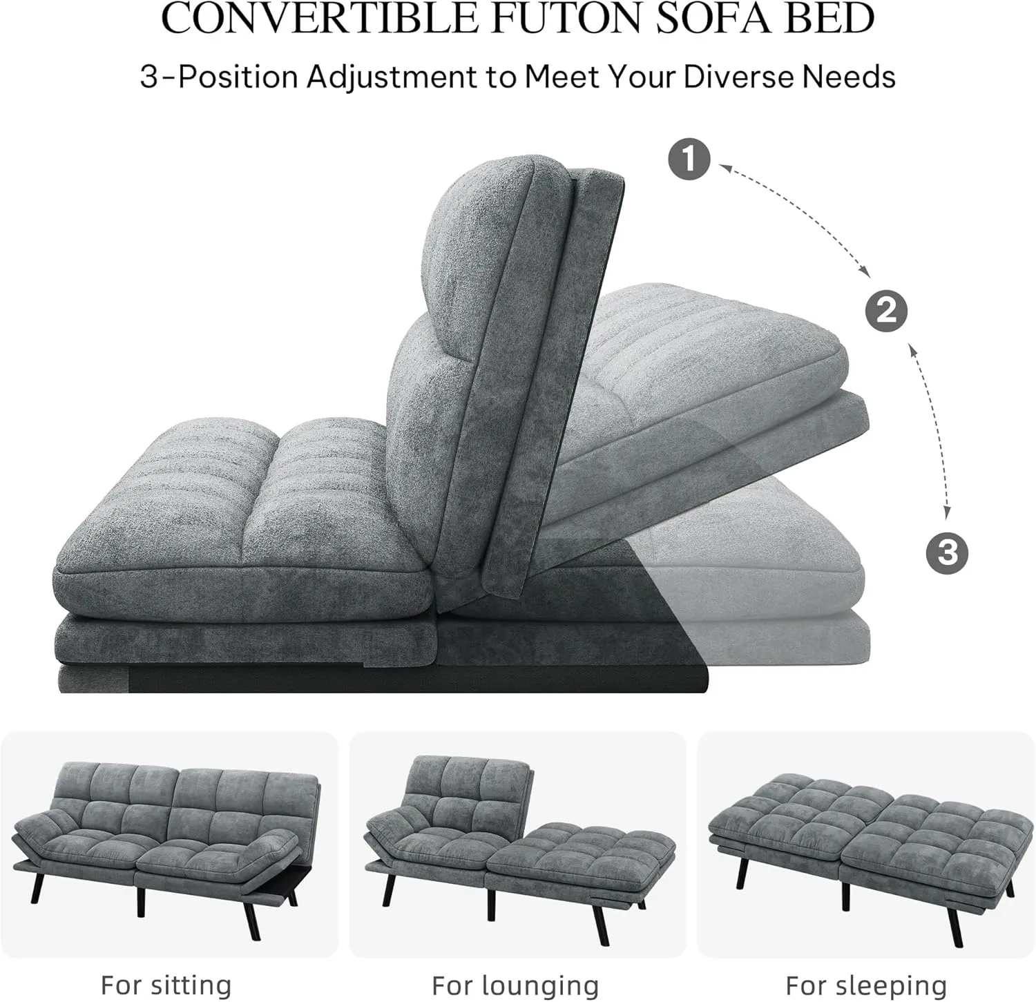 YITAHOME 70″ Convertible Futon Sofa Bed, Cat-Scratch-Proof Fabric Futon Couch with Adjustable Backrest and Armrest, Modern Loveseat Sleeper for Living Room Home Office, Dark Grey