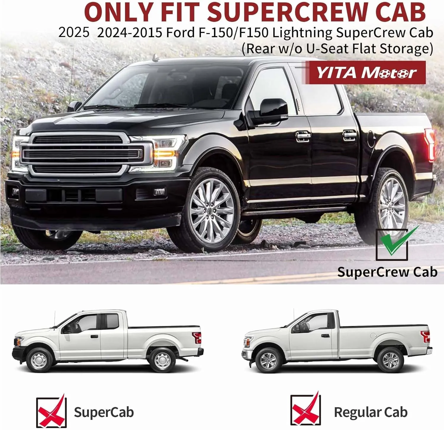 YITAMOTOR Floor Mats Fit for Ford F-150/F150 Lightning SuperCrew Cab 2025-2015(Rear w/o U-Seat Flat Storage),TPE All Weather F150 Truck mats, 1st & 2nd Row