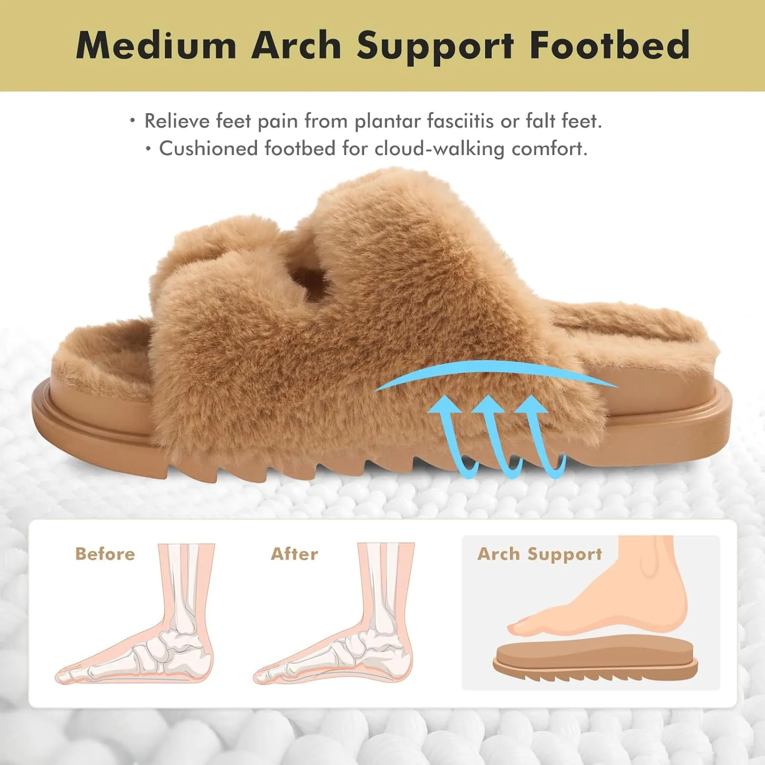 YOLIS Womens Slippers Faux Fur House Slippers for Women Slip on Open Toe Slippers with Arch Support Adjustable Buckles Fuzzy Slides Sandals for Women Comfy Non Slip Plantar Fasciitis Slippers Size6-11