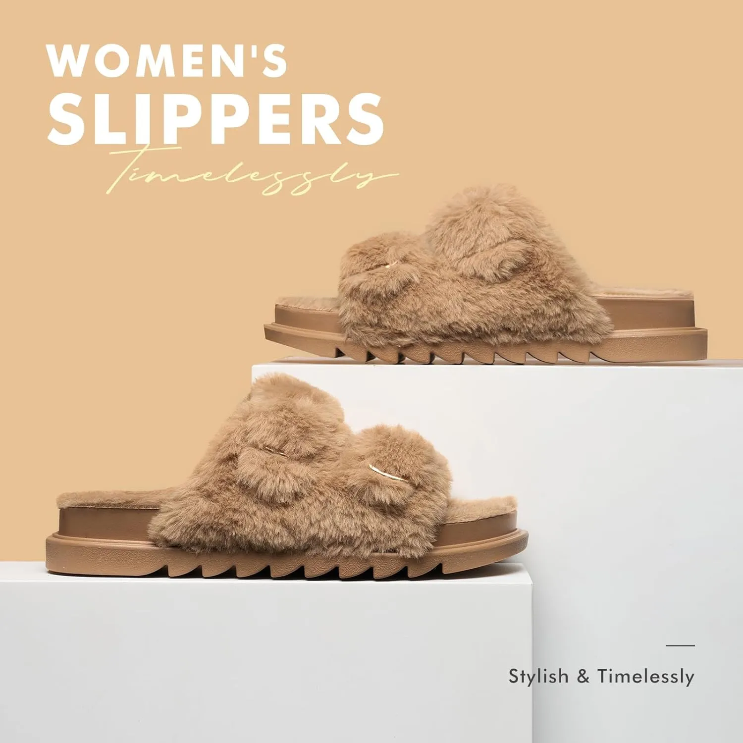YOLIS Womens Slippers Faux Fur House Slippers for Women Slip on Open Toe Slippers with Arch Support Adjustable Buckles Fuzzy Slides Sandals for Women Comfy Non Slip Plantar Fasciitis Slippers Size6-11