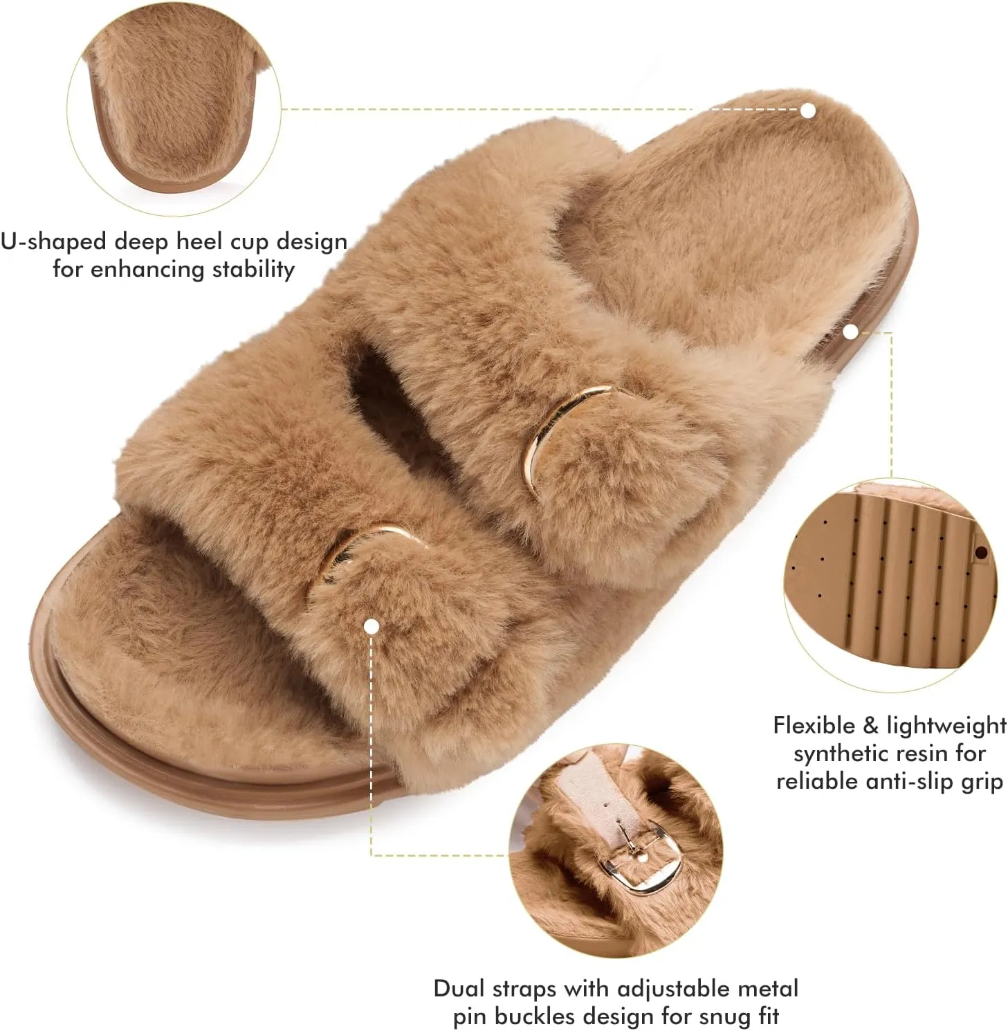 YOLIS Womens Slippers Faux Fur House Slippers for Women Slip on Open Toe Slippers with Arch Support Adjustable Buckles Fuzzy Slides Sandals for Women Comfy Non Slip Plantar Fasciitis Slippers Size6-11