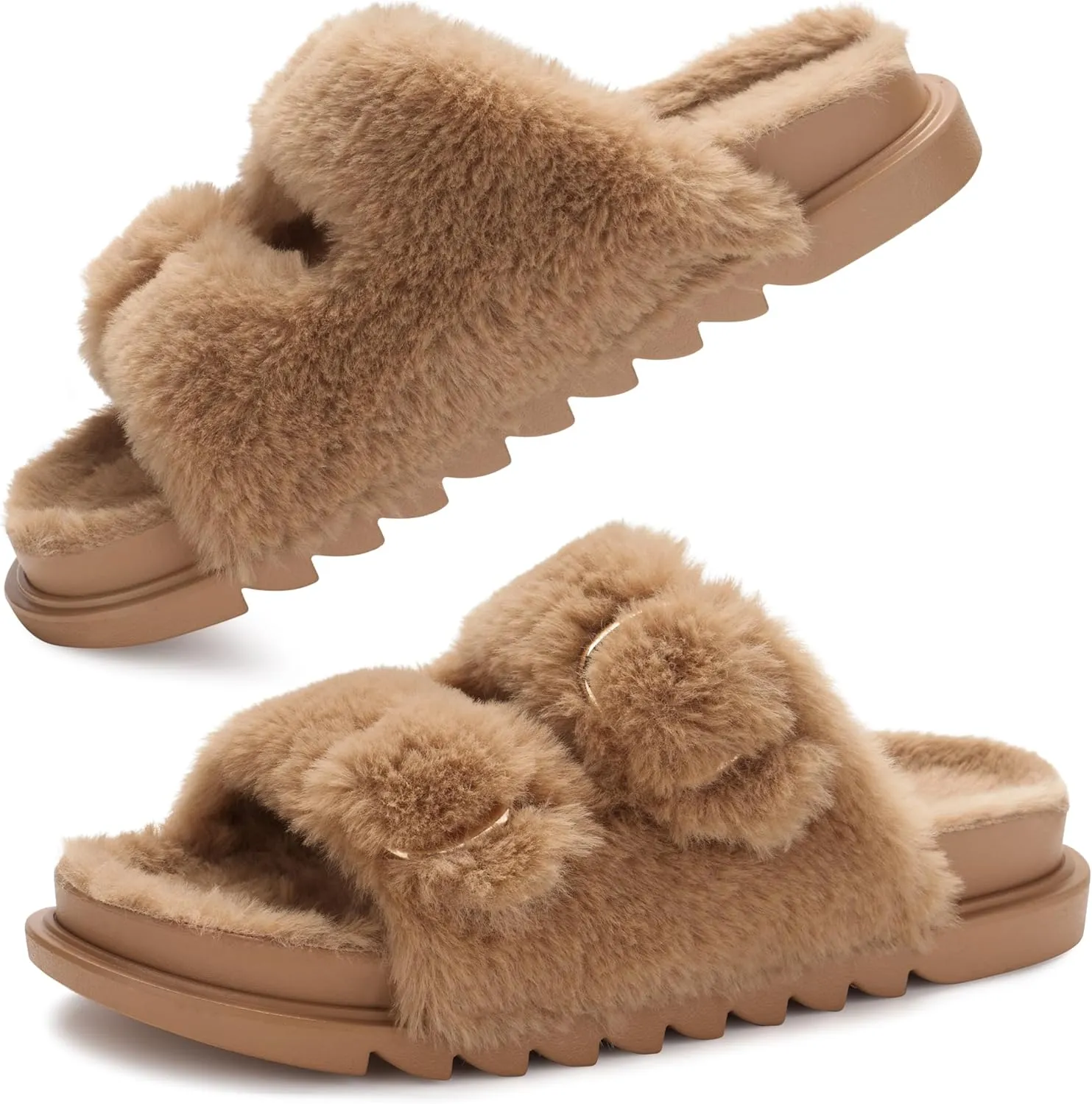 YOLIS Womens Slippers Faux Fur House Slippers for Women Slip on Open Toe Slippers with Arch Support Adjustable Buckles Fuzzy Slides Sandals for Women Comfy Non Slip Plantar Fasciitis Slippers Size6-11