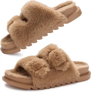 YOLIS Womens Slippers Faux Fur House Slippers for Women Slip on Open Toe Slippers with Arch Support Adjustable Buckles Fuzzy Slides Sandals for Women Comfy Non Slip Plantar Fasciitis Slippers Size6-11