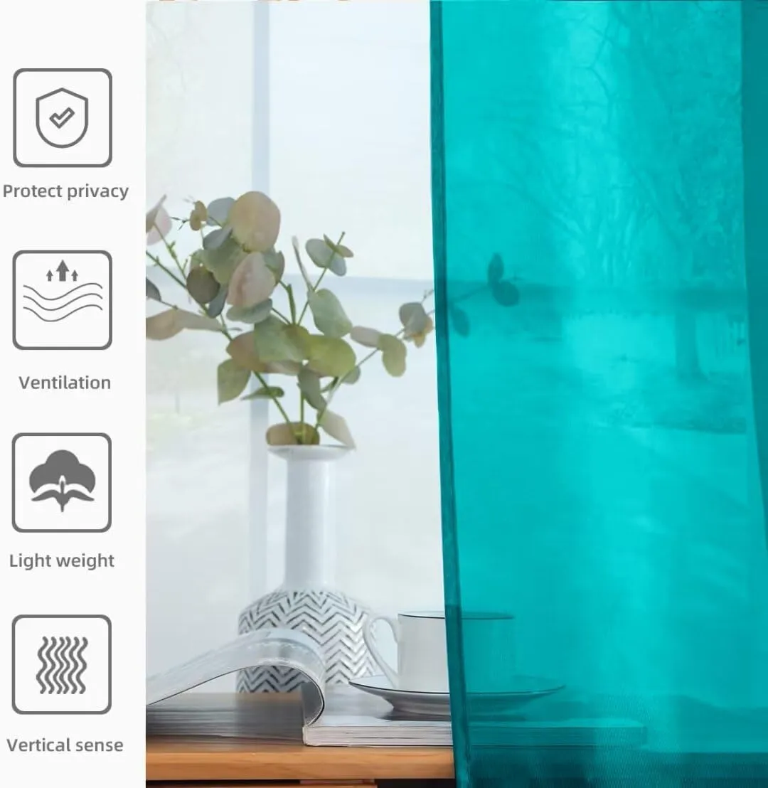 youleyar Solid Sheer Rod Pocket Curtain Voile Draperies 2 Panels White Beige Black Grey Coffee 52 Inch Width 45 Inch Long 1 Pair for Kitchen Bedroom Children Living Room Yard (Peacock Blue,52Wｘ45L)