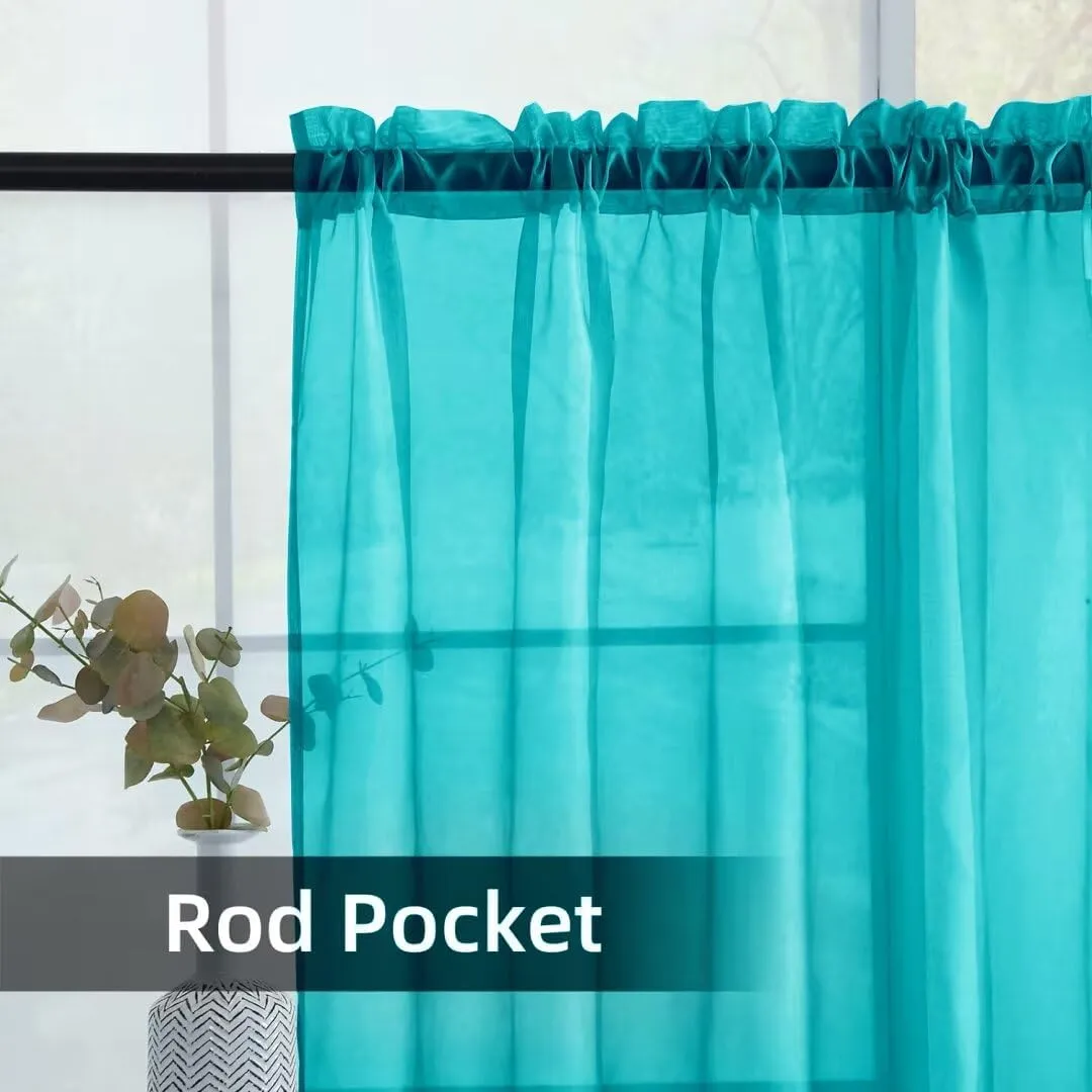youleyar Solid Sheer Rod Pocket Curtain Voile Draperies 2 Panels White Beige Black Grey Coffee 52 Inch Width 45 Inch Long 1 Pair for Kitchen Bedroom Children Living Room Yard (Peacock Blue,52Wｘ45L)