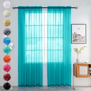 youleyar Solid Sheer Rod Pocket Curtain Voile Draperies 2 Panels White Beige Black Grey Coffee 52 Inch Width 45 Inch Long 1 Pair for Kitchen Bedroom Children Living Room Yard (Peacock Blue,52Wｘ45L)