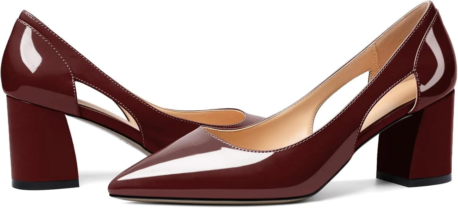 Zamikoo Women's Mid Block Heel Pumps, Pointed Toe Slip On Cutout Chunky Heels Ladies Office Event Party Dress Shoes 2.5 Inches