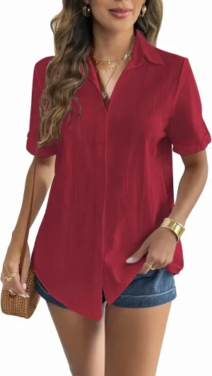 Zeagoo Women Linen Button Down Shirt Rolled Cuffed Short Sleeve Blouse Ladies Summer Casual V Neck Beach Cotton Tops