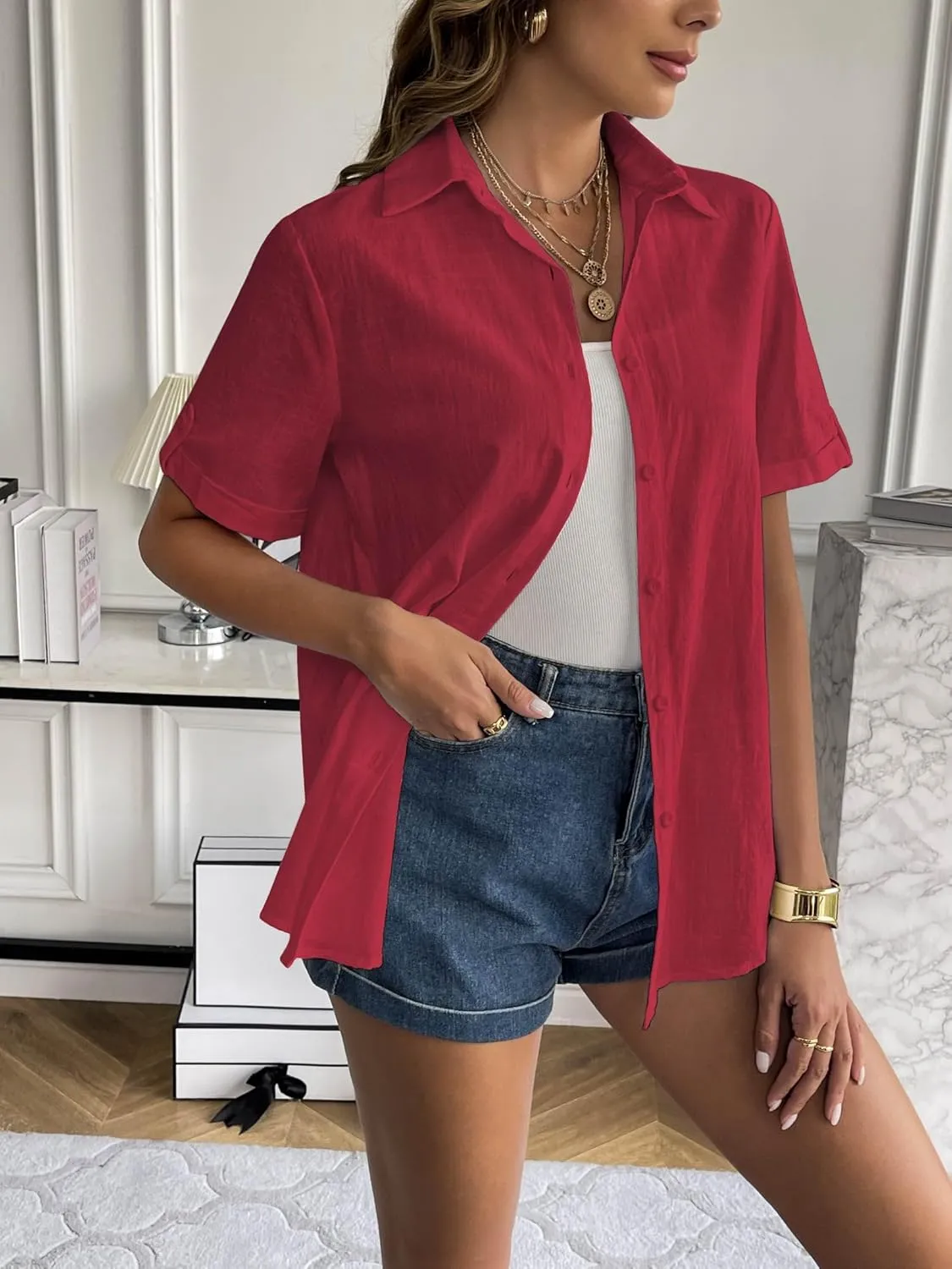 Zeagoo Women Linen Button Down Shirt Rolled Cuffed Short Sleeve Blouse Ladies Summer Casual V Neck Beach Cotton Tops