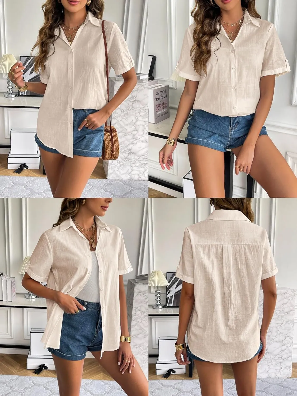 Zeagoo Women Linen Button Down Shirt Rolled Cuffed Short Sleeve Blouse Ladies Summer Casual V Neck Beach Cotton Tops