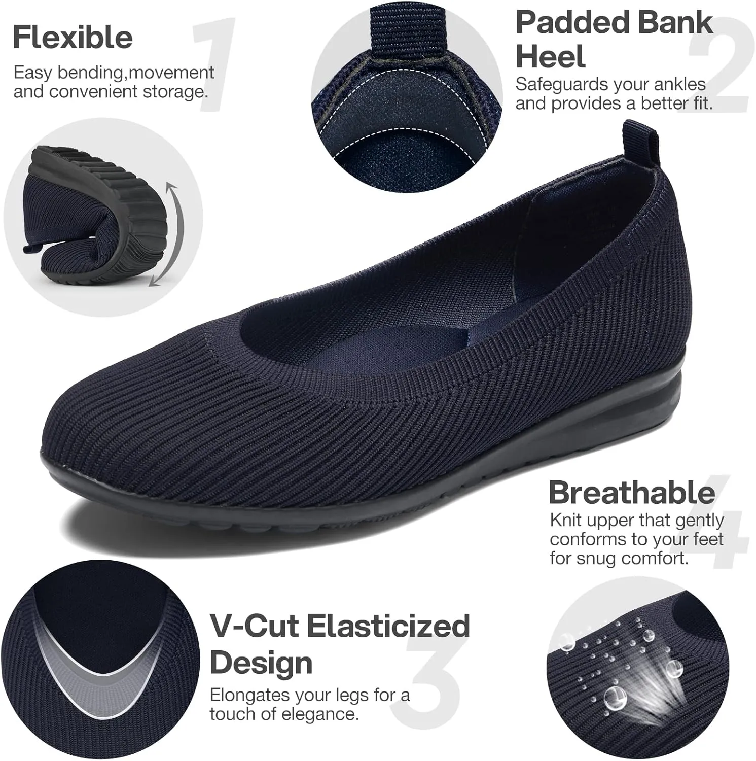 ZURIN Womens Knit Ballet Flats with Arch Support Comfortable Ballet Dressy Flats,Round Toe Slip On Flats Dress Shoes for Dressy Work Casual