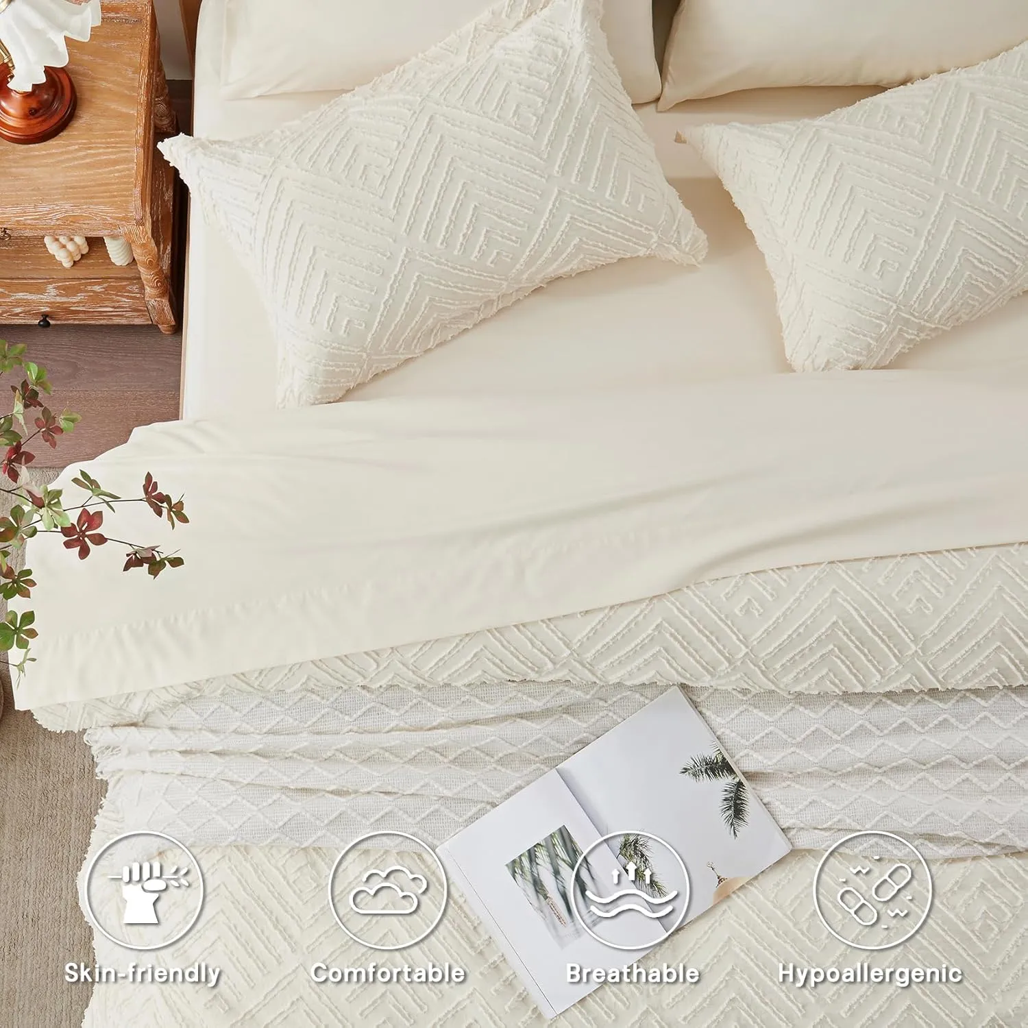 Zzlpp King Comforter Set 7 Pieces, Cream Tufted Bed in a Bag with Comforter and Sheets, All Season Boho Bedding Sets with 1 Comforter, 2 Pillow Shams, 2 Pillowcases, 1 Flat Sheet, 1 Fitted Sheet