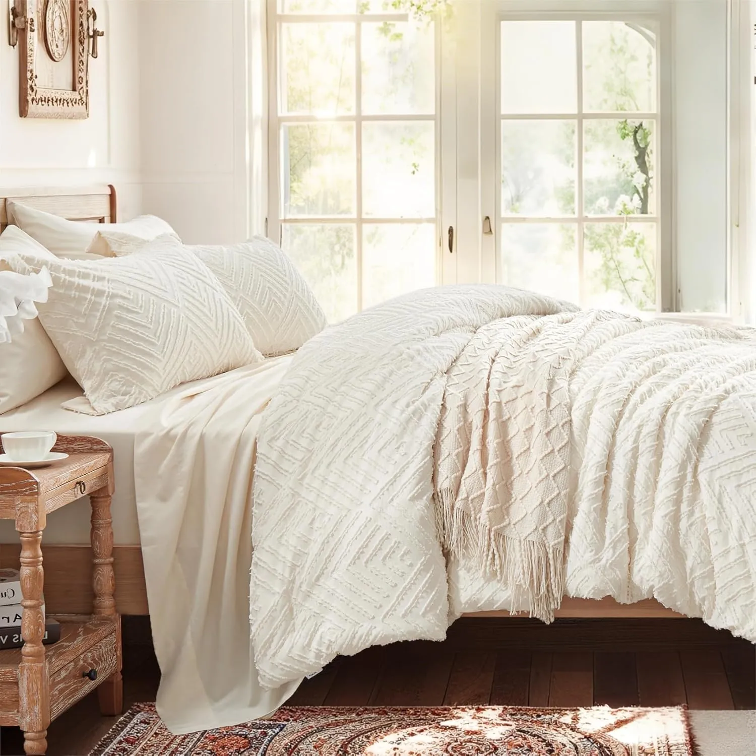 Zzlpp King Comforter Set 7 Pieces, Cream Tufted Bed in a Bag with Comforter and Sheets, All Season Boho Bedding Sets with 1 Comforter, 2 Pillow Shams, 2 Pillowcases, 1 Flat Sheet, 1 Fitted Sheet